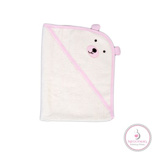 BALOO kapucnis törölköző/pamut maci füles fehér kifogó 70x90cm, szegés PINK 