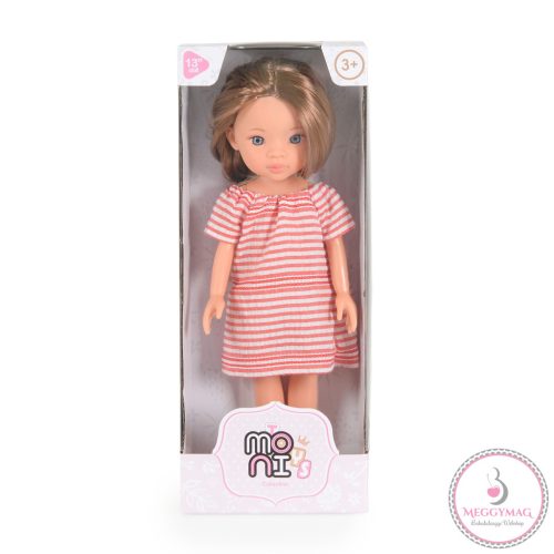 BABA 33 cmes hajasbaba csíkos ruhás, barna hajú PINK