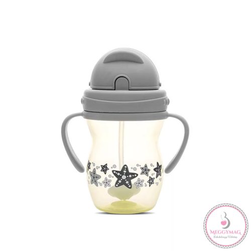 Baby Care szívószálas itató fogantyúval 275ml - Grey/Yellow