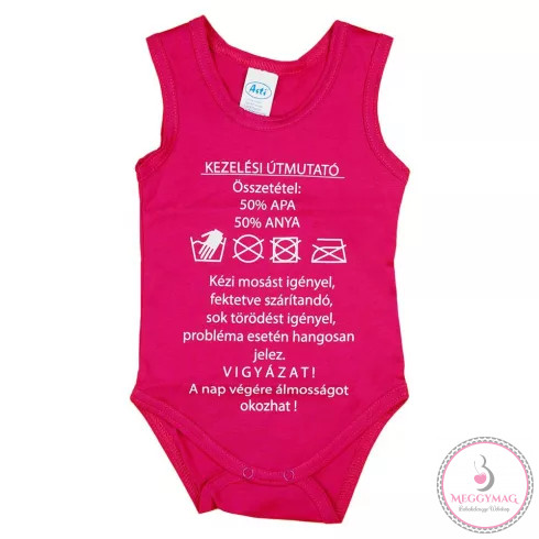 "Kezelési útmutató" feliratos ujjatlan baba body pink, 80-as