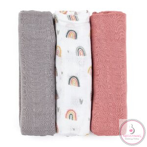 PETITE&MARS Bambusz muszlin 3db-os pelenka szett Moussy Rose Rainbows, 68 x 68 cm