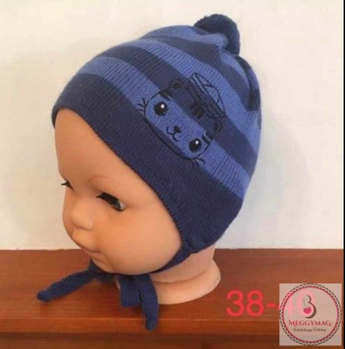 Minimanó megkötős kötött sapka -  38-40 cm sötétkék csíkos 