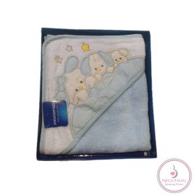 Kapucnis babatörölköző díszdobozban 70*70 cm kék 