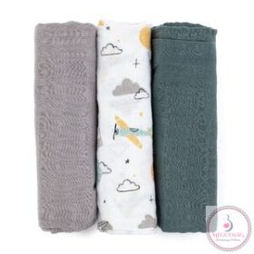   PETITE&MARS Bambusz muszlin 3db-os pelenka szett Moussy Grey Planes, 68 x 68 cm