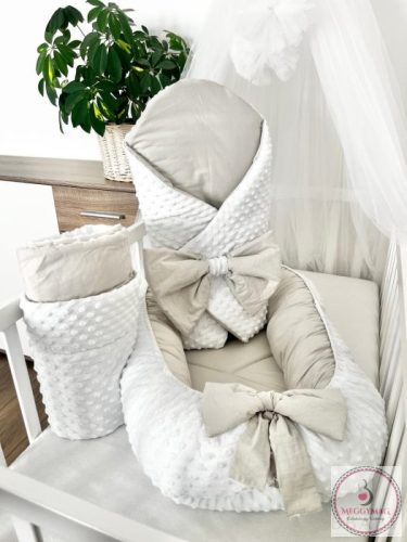 Kókuszpólya – fehér minky és szürke pamut, 80×80 cm, KÉSZLETEN A BOLTBAN!