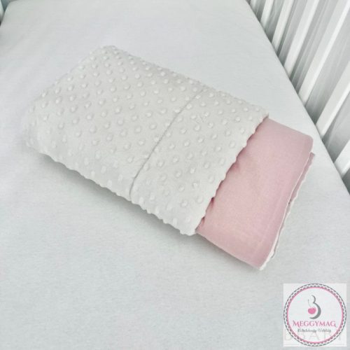 Kétoldalú babatakaró 70×90 cm | Púder pamutvászon, krém minky, antiallergén töltettel, KÉSZLETEN A BOLTBAN!