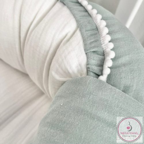 Olíva–vaj muszlin babafészek – 100% pamut duplagéz, fehér bogyós behúzózsinórral