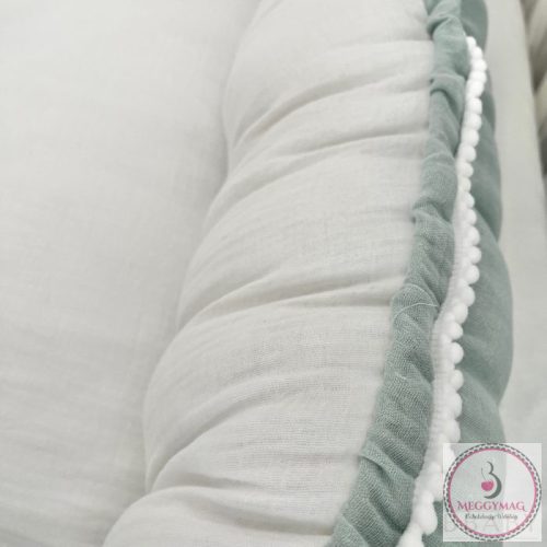 Olíva–vaj muszlin babafészek – 100% pamut duplagéz, fehér bogyós behúzózsinórral