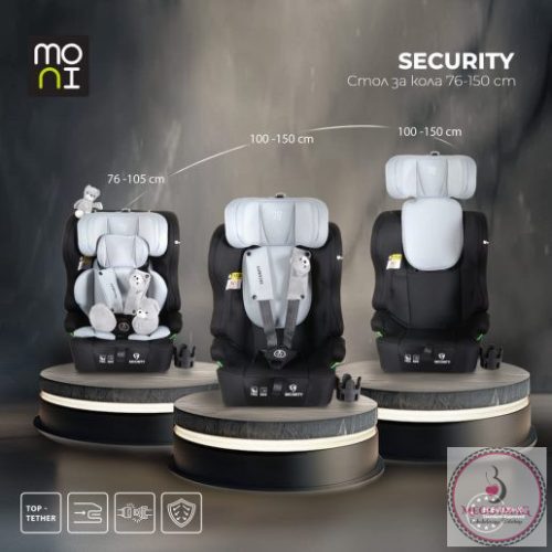 Moni SECURITY isofixes autósülés ajándék 2plüss+párna 76-150cm SZÜRKE