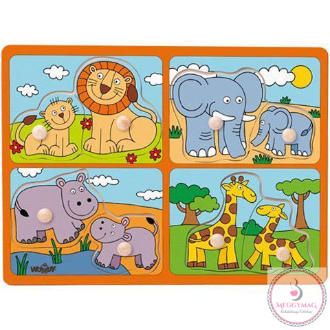 Vadállatok kicsinyükkel fa forma-puzzle fogantyúval - Woodyland