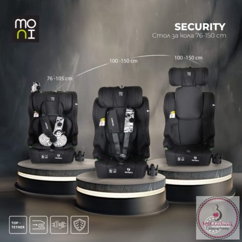 Moni SECURITY isofixes autósülés ajándék 2plüss+párna 76-150cm FEKETE 