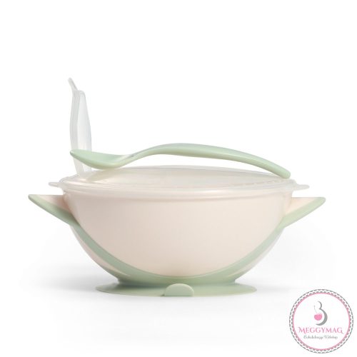 BabyOno tányér - tapadó aljú, fedeles, kanállal krém/zöld 1063/07