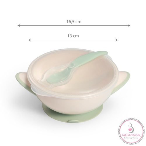 BabyOno tányér - tapadó aljú, fedeles, kanállal krém/zöld 1063/07