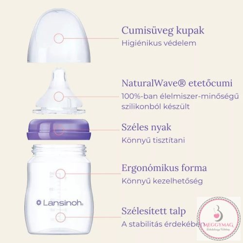 Lansinoh 2 db cumisüveg lassú folyású etetőcumival + 2 db fedéllel