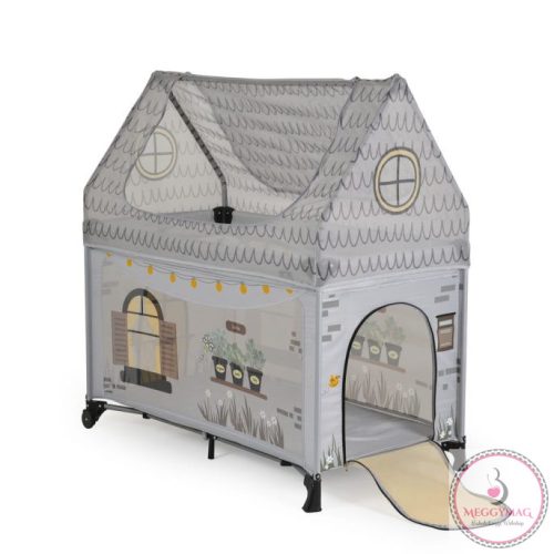 PLAYHOUSE összecsukható házikó utazóágy, tetővel, kibújóval SZÜRKE
