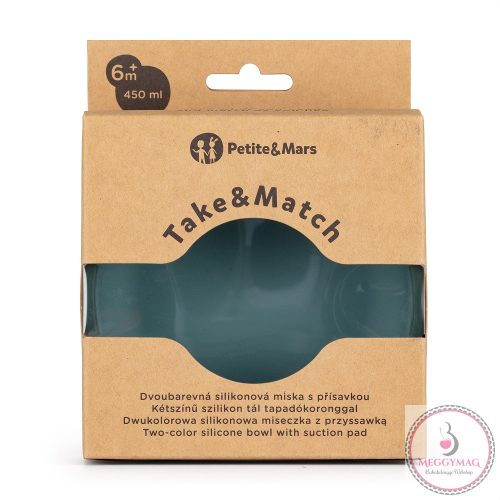 PETITE&MARS Kétszínű szilikon tál tapadó koronggal Take&Match Misty Green 6m+
