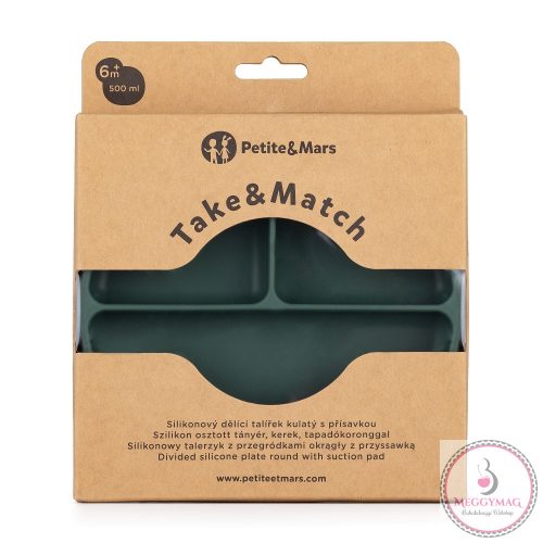 PETITE&MARS Szilikon osztott tányér, kerek Take&Match Misty Green 6m+