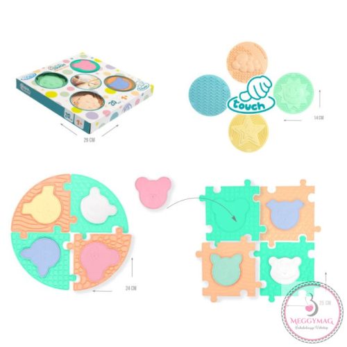 MOCHTOYS Play&Squish szenzorikus szőnyeg -kerek tapilapok 4db + PUZZLE 8+8 db PASZTELL