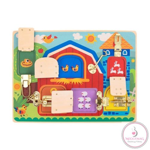 Tooky Toy Reteszes Montessori fa tábla, matatófal, KÉSZLETEN A BOLTBAN!