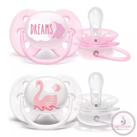   Philips AVENT játszócumi ultrasoft 0-6hó lány Text 2db, UTOLSÓ DARAB!