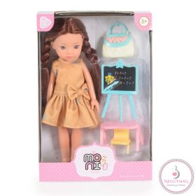   Moni Toys BABA 33 cmes hajasbaba SZETT, rajztáblával, barna hajú BÉZS
