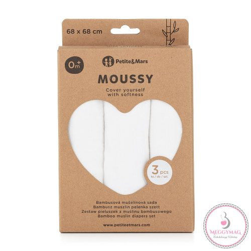 PETITE&MARS Bambusz muszlin 3db-os pelenka szett Moussy Total White, 68 x 68 cm