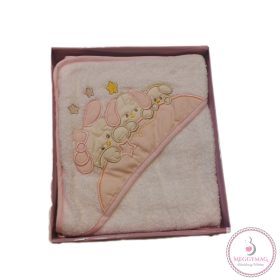   Kapucnis babatörölköző díszdobozban 70*70 cm fehér - rózsaszín 