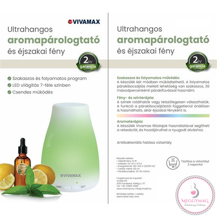 Vivamax Ultrahangos illóolaj párologtató és éjszakai fény KÉSZLETEN A BOLTBAN!