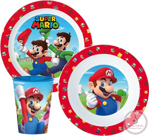 Super Mario Mushroom Kingdom étkészlet, micro műanyag szett, pohárral 260 ml