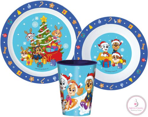 Mancs Őrjárat Holiday Karácsonyi étkészlet, micro műanyag szett, pohárral 260 ml