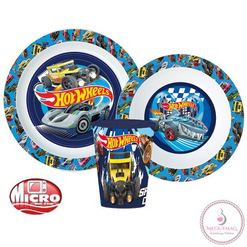Hot Wheels Blue Fire étkészlet, micro műanyag szett pohárral 260 ml