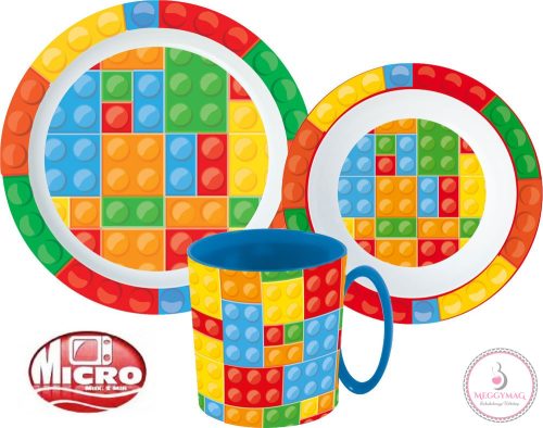 Lego mintázatú Bricks étkészlet, micro műanyag szett bögrével 350 ml
