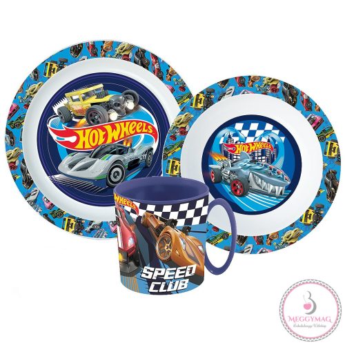Hot Wheels Blue Fire étkészlet, micro műanyag szett bögrével 350 ml