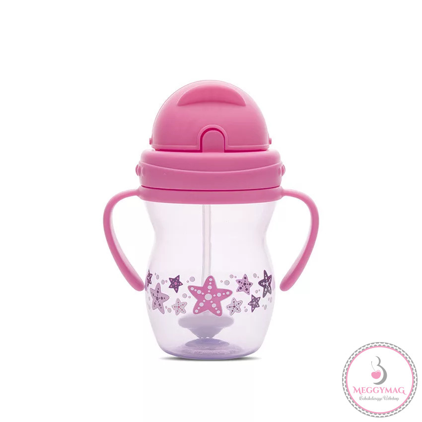Baby Care szívószálas itató fogantyúval 275ml - Pink/Purple
